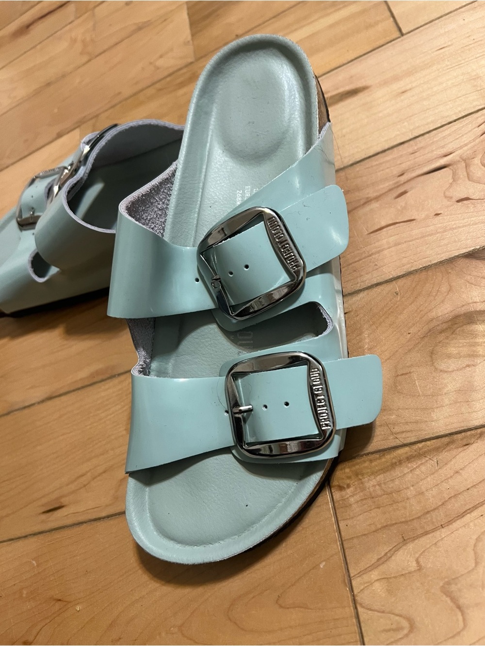 Project Cloud Silver Double Buckle Slide Sandals. Mint/Aqua 8.5